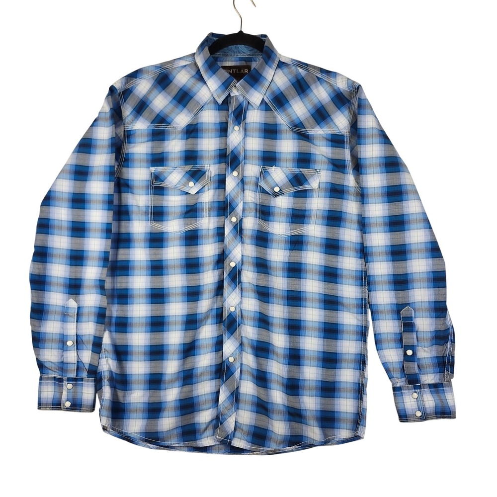 PINTLAR Mens XL Blue Plaid Western Snap‎ Front Long Sleeve Shirt 100% Cotton